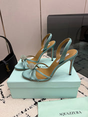 AQUAZZURA 26S STRAPPY HEELS 105 MM IN MINT GREEN SATIN