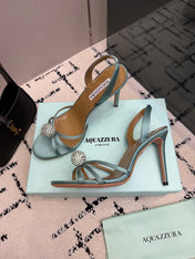 AQUAZZURA 26S STRAPPY HEELS 105 MM IN MINT GREEN SATIN