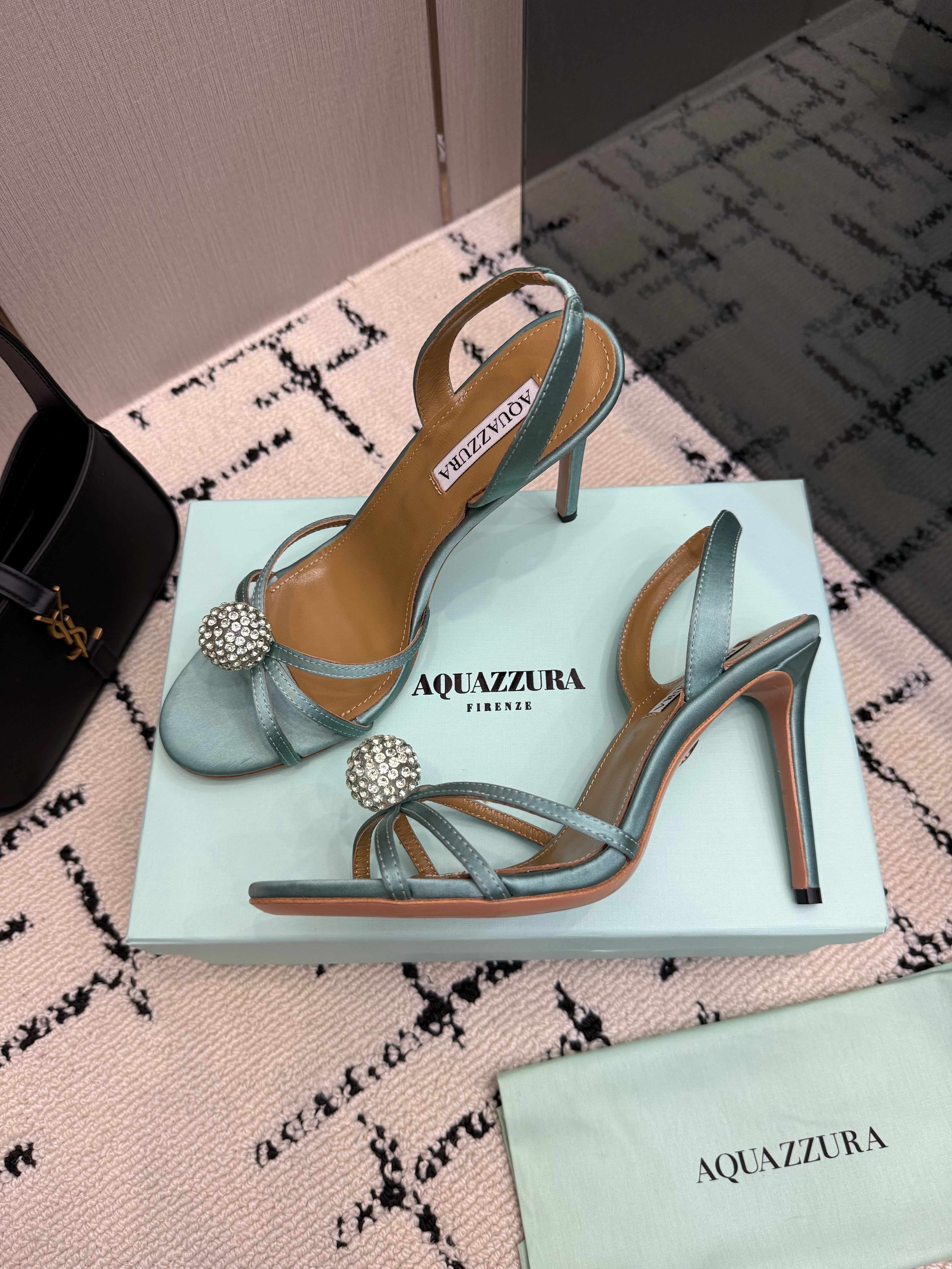 AQUAZZURA 26S STRAPPY HEELS 105 MM IN MINT GREEN SATIN