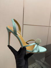 AQUAZZURA 26S STRAPPY HEELS 105 MM IN MINT GREEN SATIN