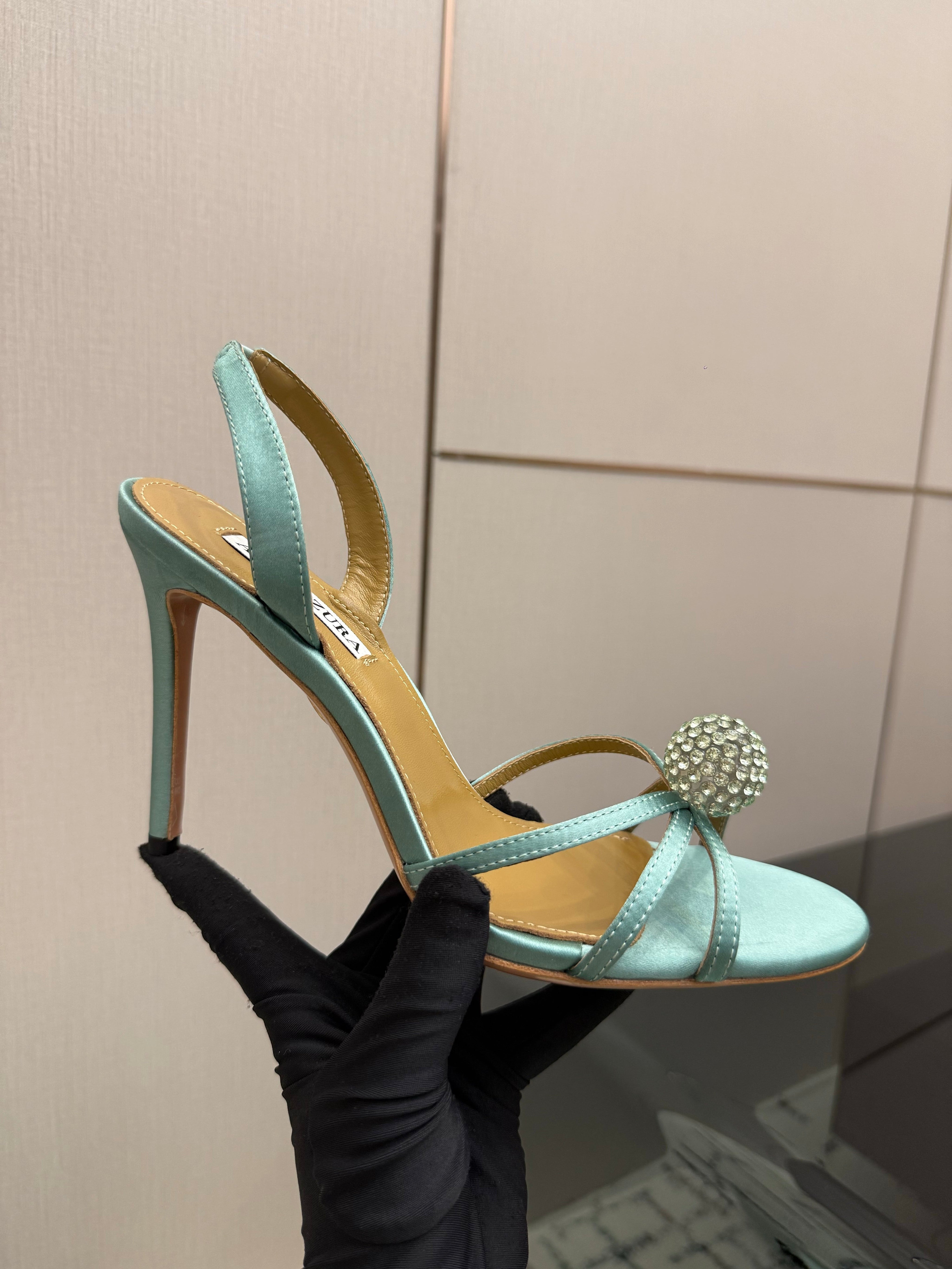 AQUAZZURA 26S STRAPPY HEELS 105 MM IN MINT GREEN SATIN