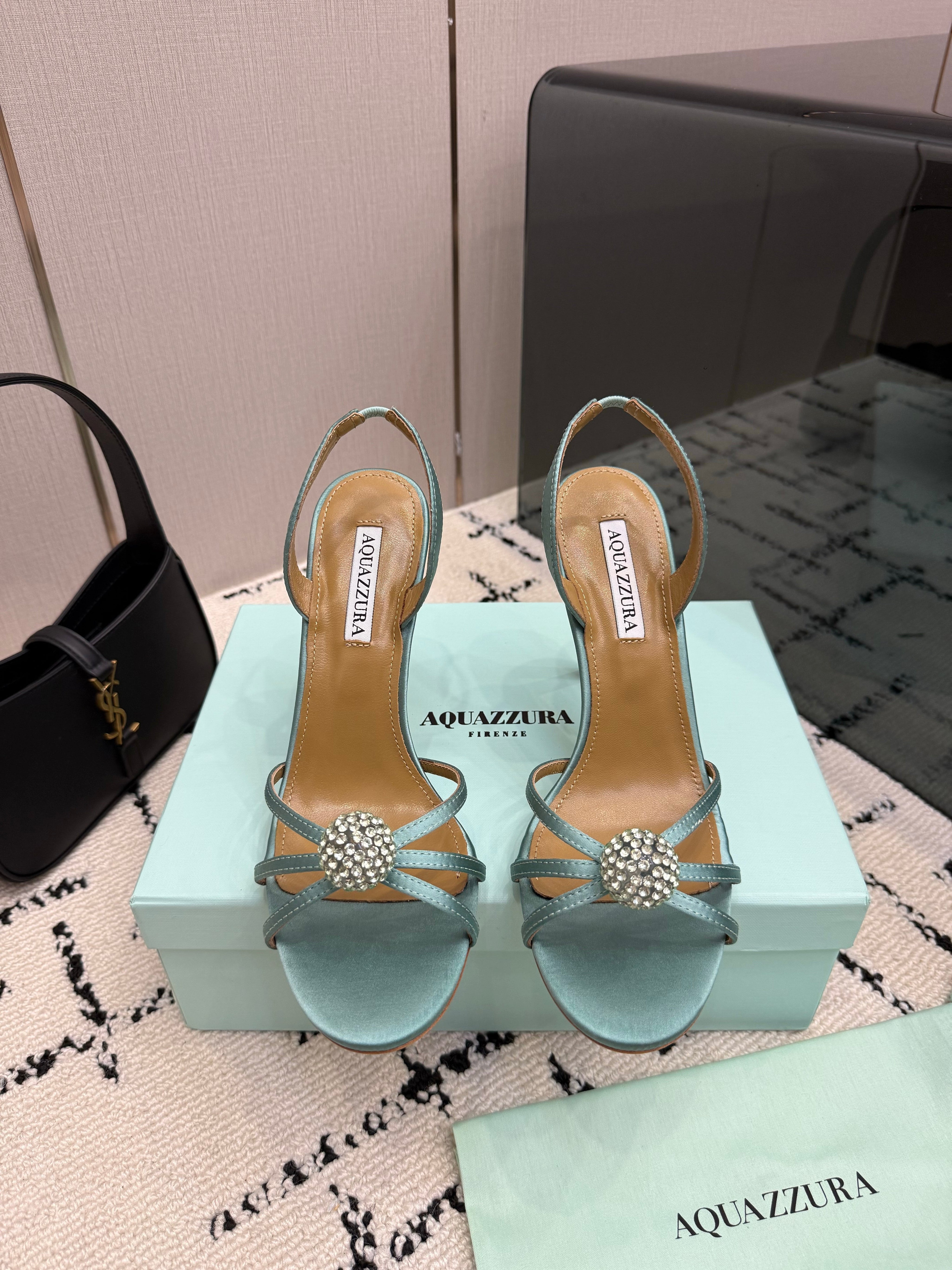 AQUAZZURA 26S STRAPPY HEELS 105 MM IN MINT GREEN SATIN