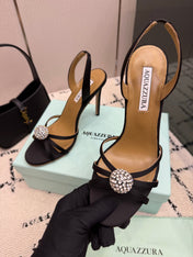AQUAZZURA 26S STRAPPY HEELS 105 MM IN BLACK SATIN