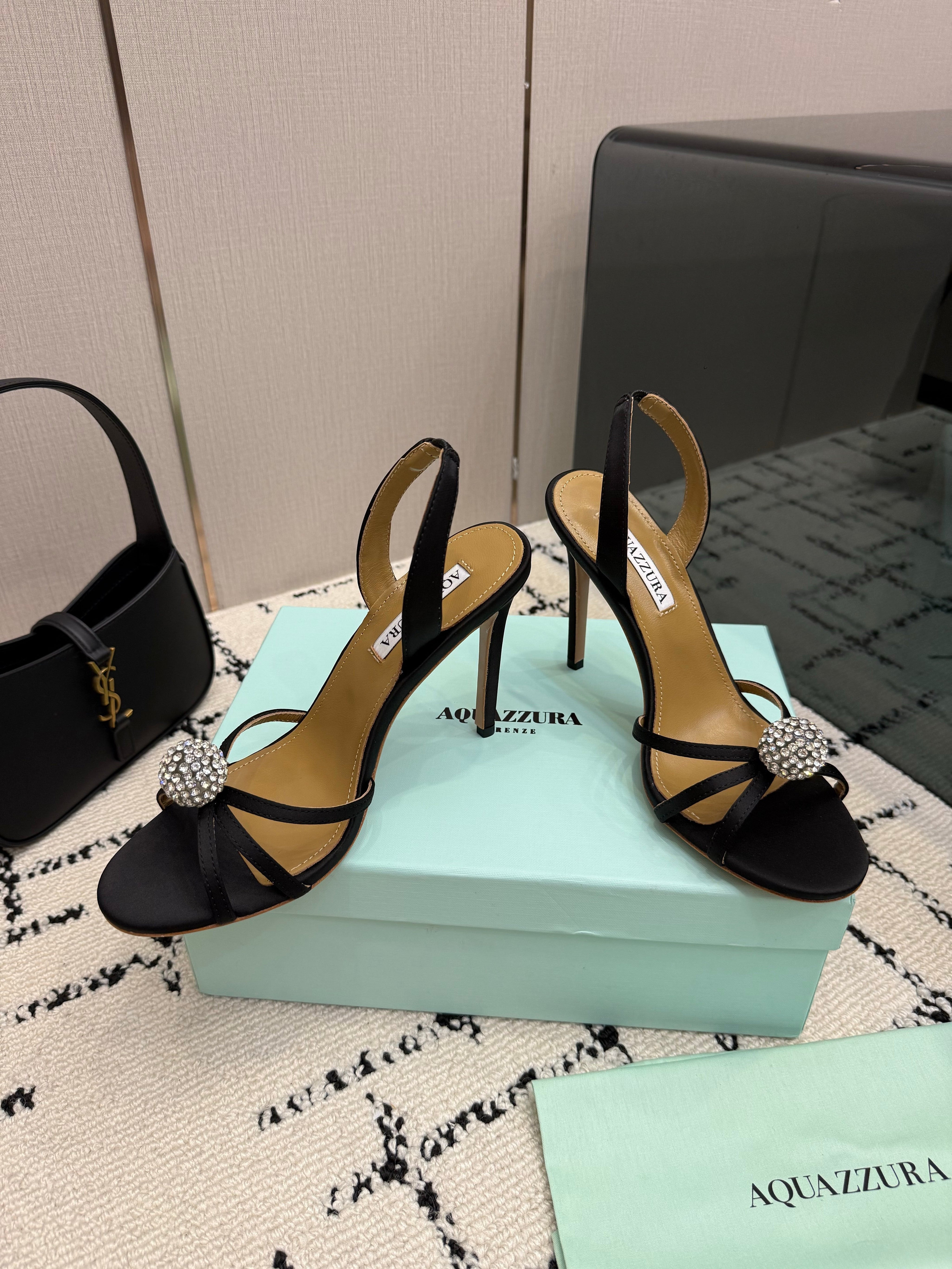 AQUAZZURA 26S STRAPPY HEELS 105 MM IN BLACK SATIN