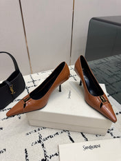 YSL 26S POINTED TOE PUMPS 75 MM IN BROWN LAMBSKIN PATENT
