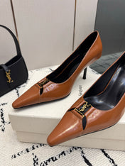 YSL 26S POINTED TOE PUMPS 75 MM IN BROWN LAMBSKIN PATENT
