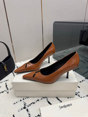 YSL 26S POINTED TOE PUMPS 75 MM IN BROWN LAMBSKIN PATENT