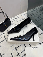 YSL 26S POINTED TOE PUMPS 75 MM IN BLACK LAMBSKIN PATENT