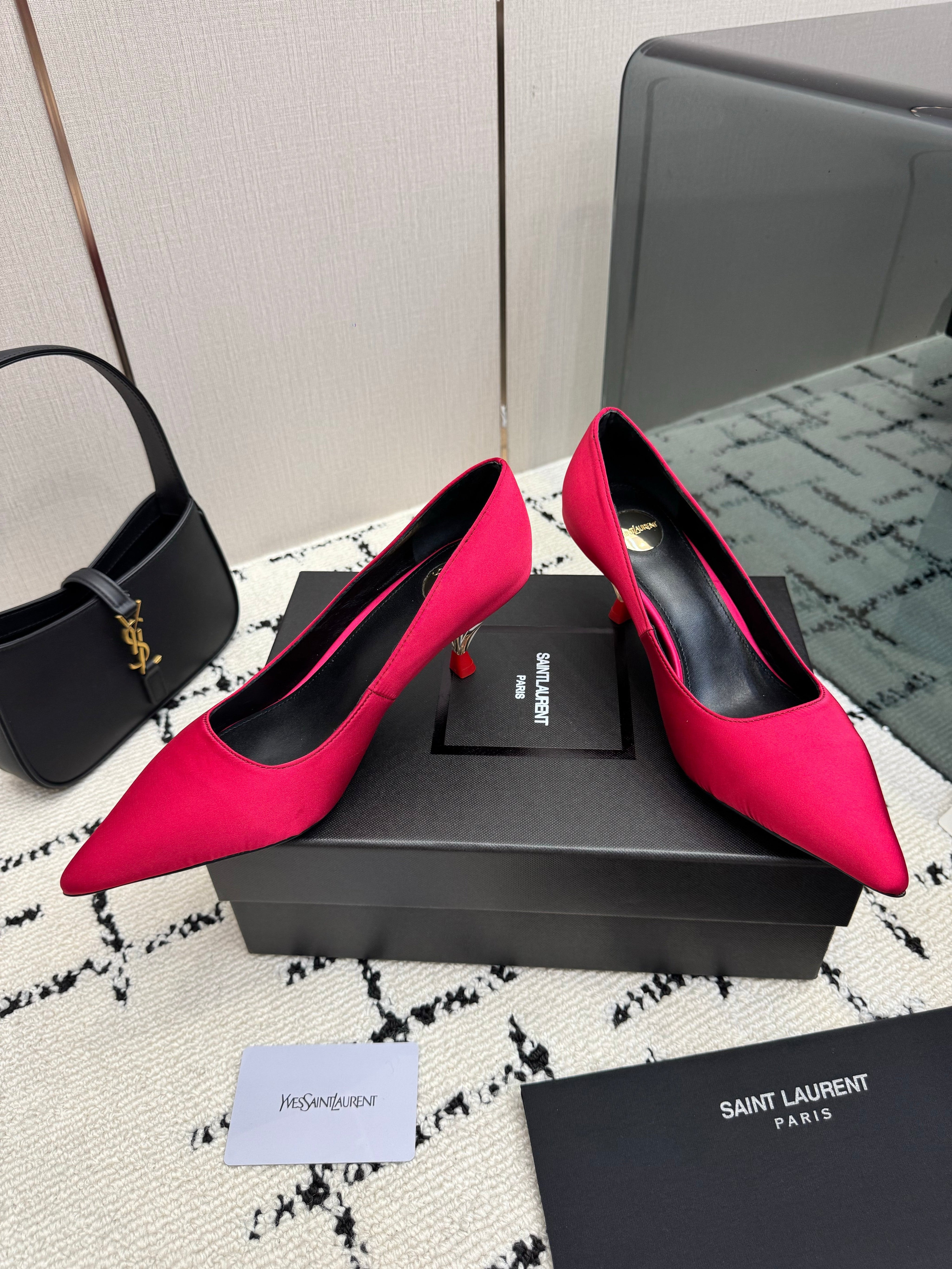 YSL 26S POINTED TOE PUMPS 60 MM IN ROSE RED SATIN