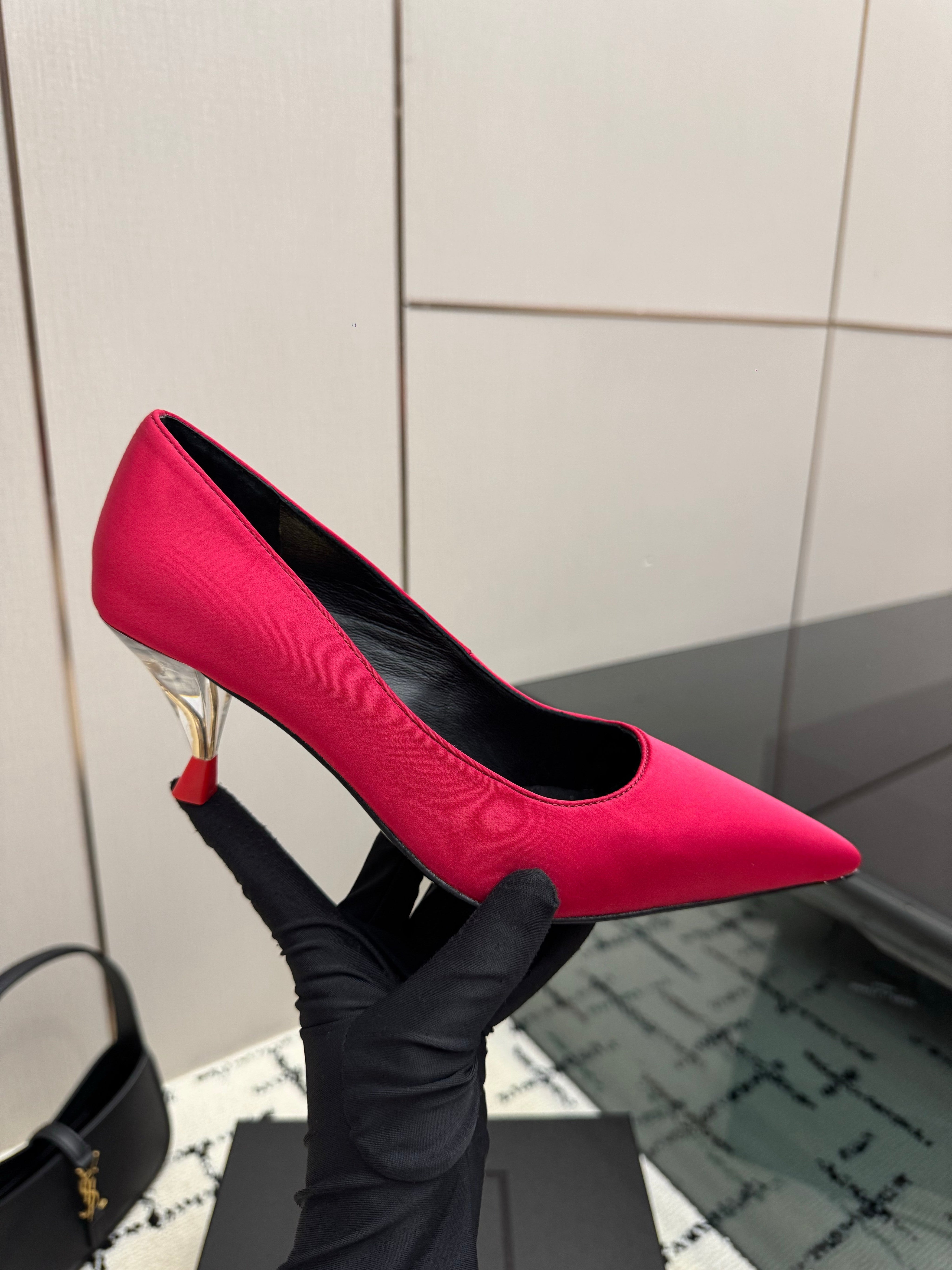 YSL 26S POINTED TOE PUMPS 60 MM IN ROSE RED SATIN