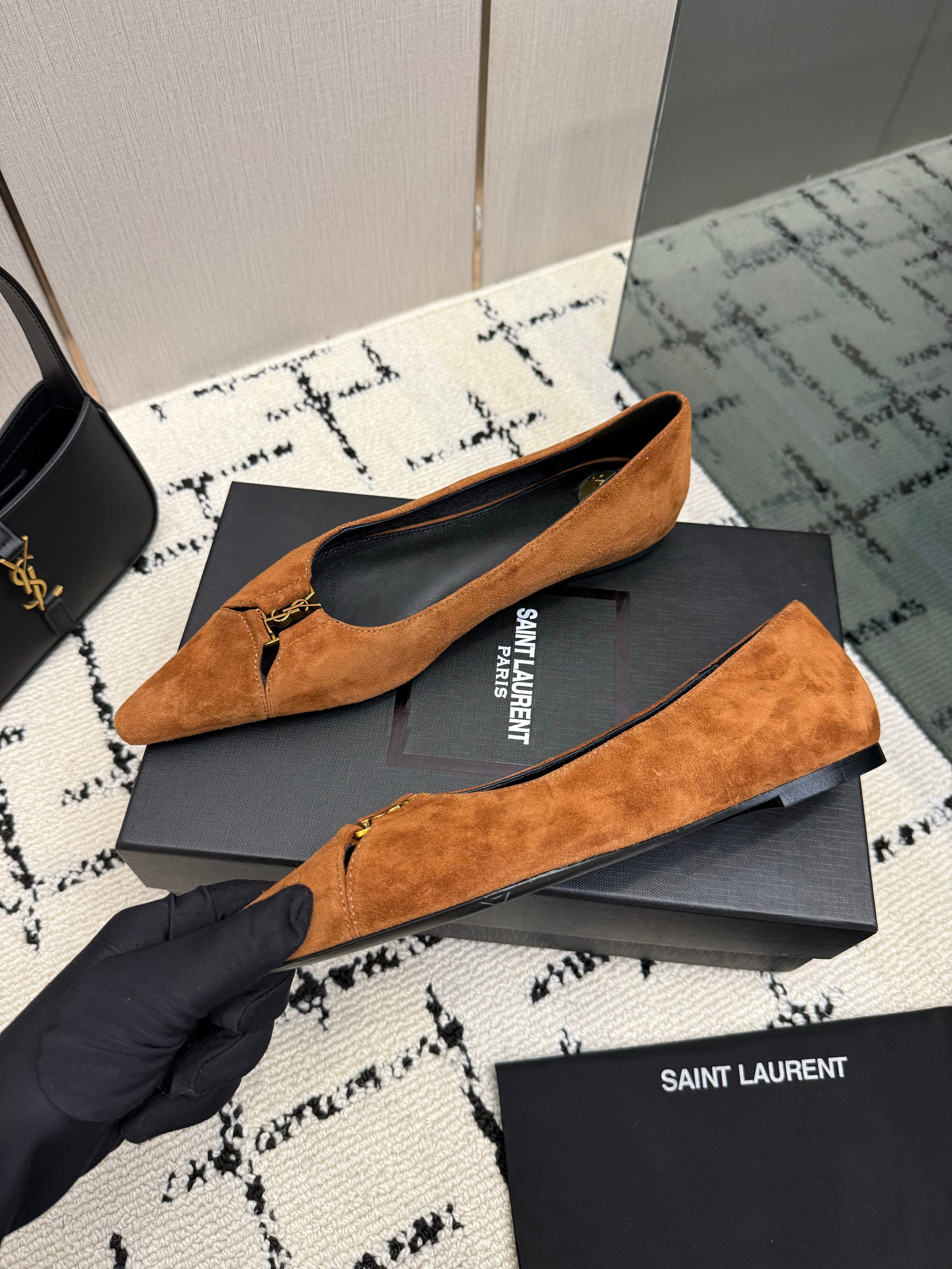 YSL 26S POINTED TOE FLATS IN BROWN SUEDE WITH YSL LOGO HARDWARE