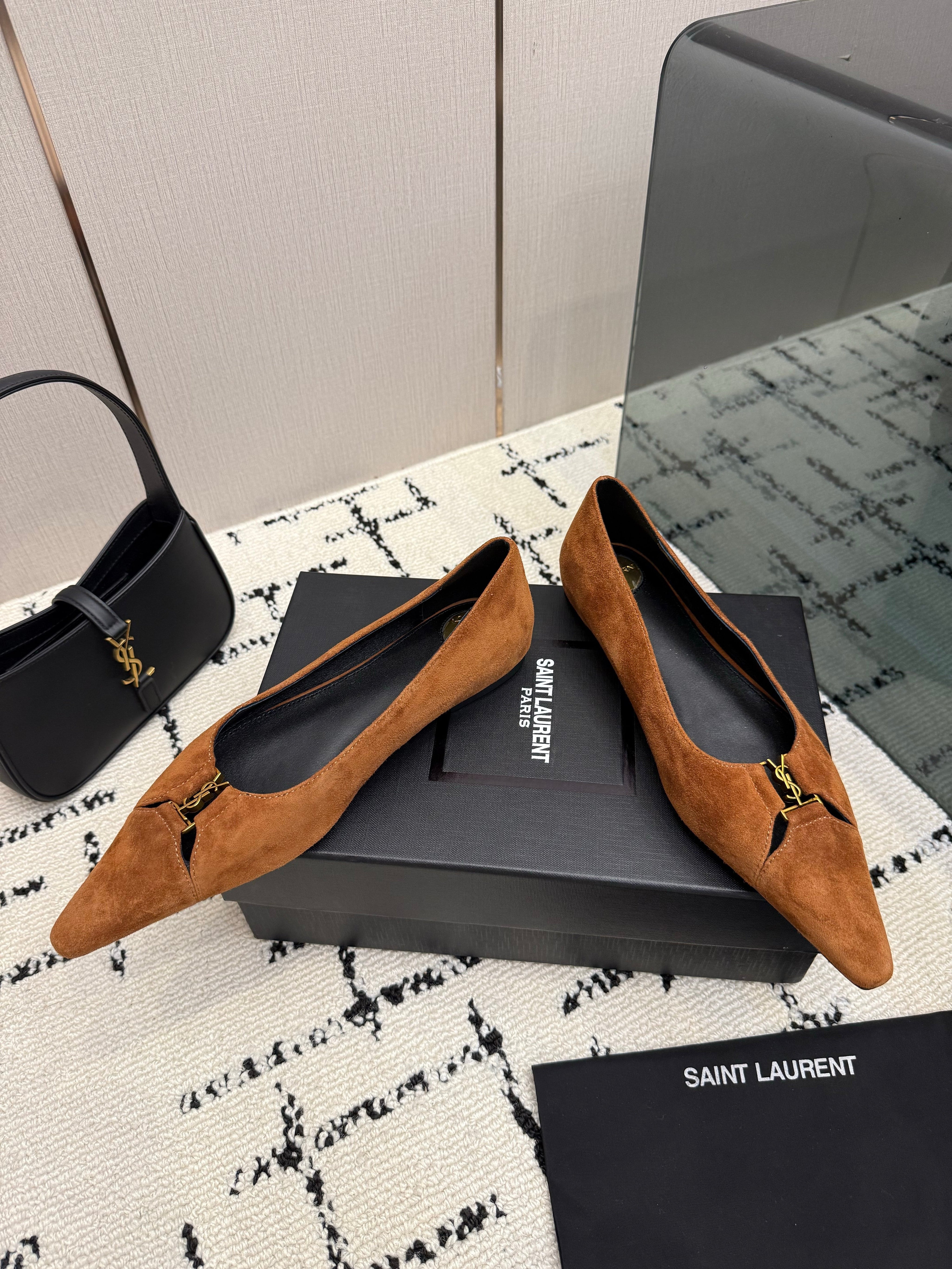 YSL 26S POINTED TOE FLATS IN BROWN SUEDE WITH YSL LOGO HARDWARE