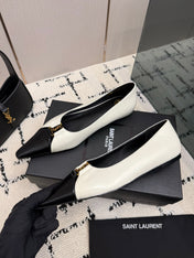 YSL 26S POINTED TOE FLATS IN IVORY CALFSKIN PATENT WITH YSL LOGO HARDWARE