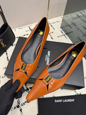 YSL 26S POINTED TOE FLATS IN ORANGE CALFSKIN PATENT WITH YSL LOGO HARDWARE