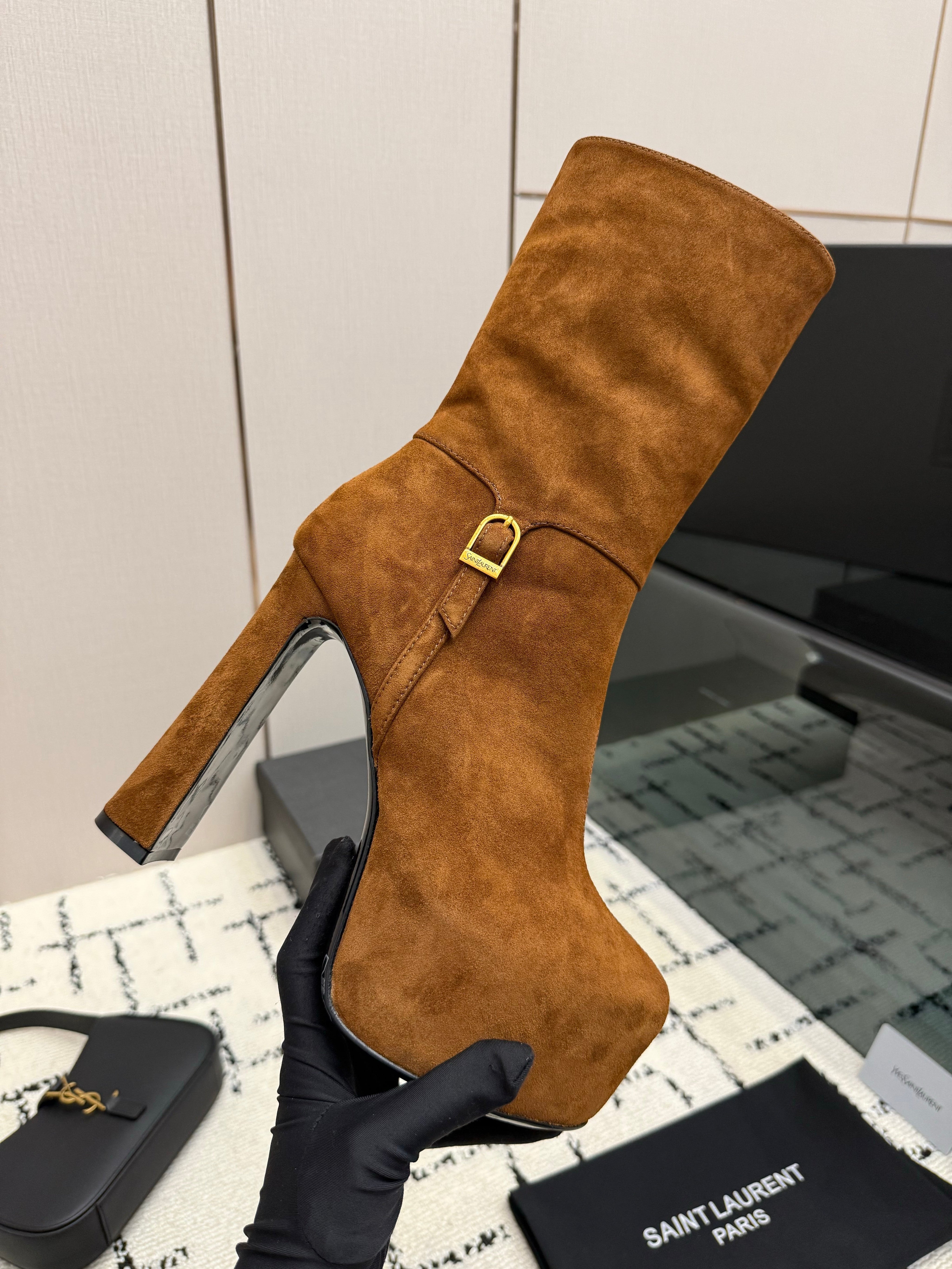 YSL 26S ANKLE BOOTS 130 MM IN BROWN SUEDE