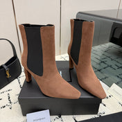 YSL 26S ANKLE BOOTS 100 MM IN BLACK AND BROWN SUEDE WITH SIDE ZIP CLOSURE