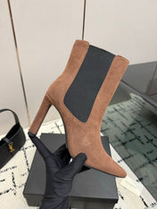 YSL 26S ANKLE BOOTS 100 MM IN BLACK AND BROWN SUEDE WITH SIDE ZIP CLOSURE