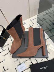 YSL 26S ANKLE BOOTS 100 MM IN BLACK AND BROWN SUEDE WITH SIDE ZIP CLOSURE