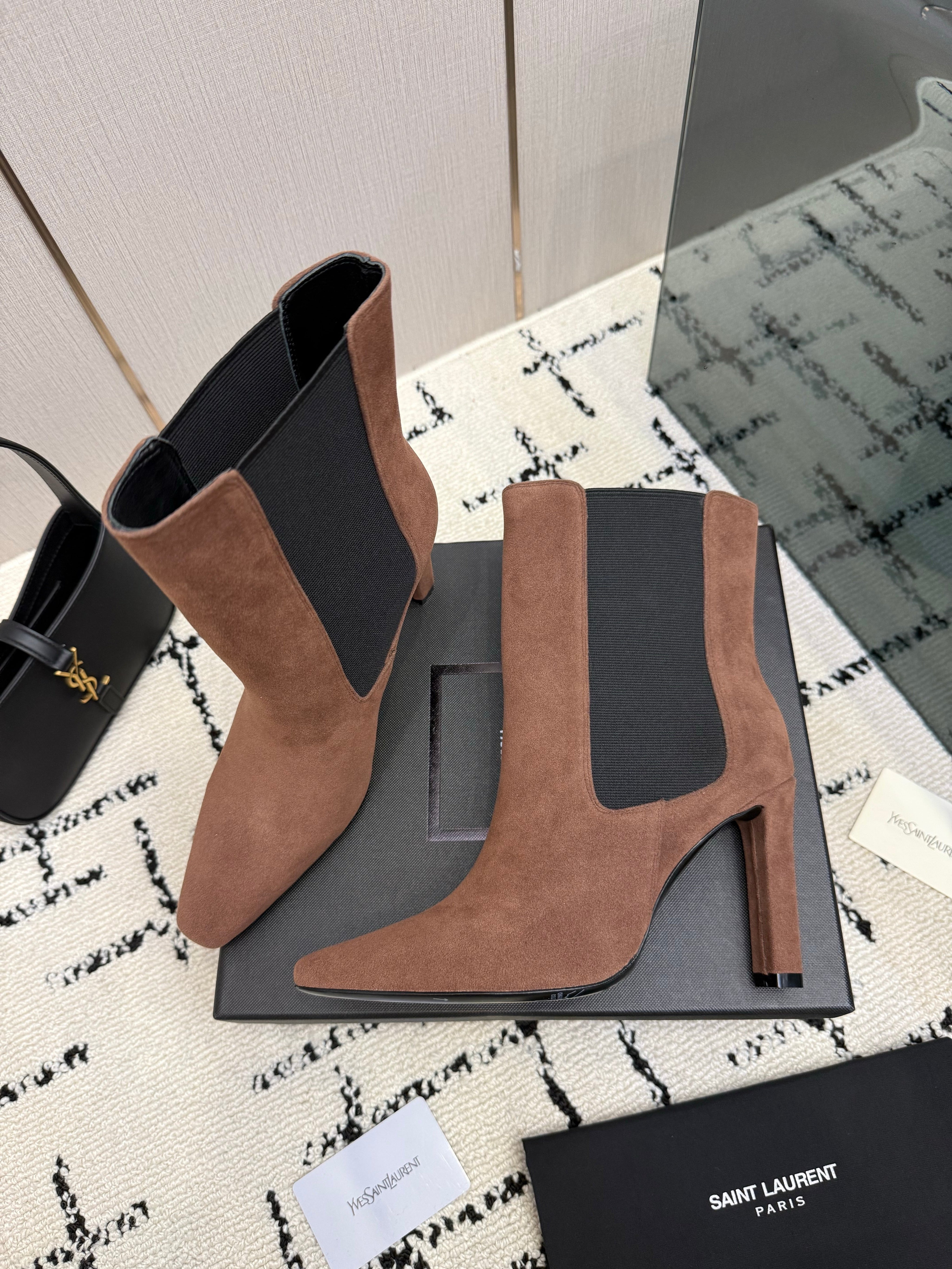 YSL 26S ANKLE BOOTS 100 MM IN BLACK AND BROWN SUEDE WITH SIDE ZIP CLOSURE