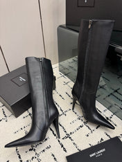 YSL 26S KNEE HIGH BOOTS 100 MM IN BLACK CALFSKIN PATENT SLIM SHAFT