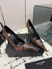 YSL 26S POINTED TOE HIGH HEEL PUMPS 100 MM IN BLACK AND BROWN SNAKE EMBOSSED LEATHER