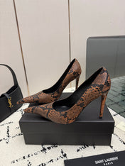 YSL 26S POINTED TOE HIGH HEEL PUMPS 100 MM IN BLACK AND BROWN SNAKE EMBOSSED LEATHER