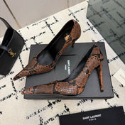YSL 26S POINTED TOE HIGH HEEL PUMPS 100 MM IN BLACK AND BROWN SNAKE EMBOSSED LEATHER