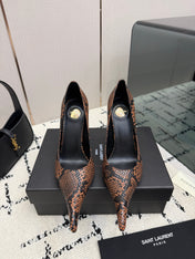 YSL 26S POINTED TOE HIGH HEEL PUMPS 100 MM IN BLACK AND BROWN SNAKE EMBOSSED LEATHER