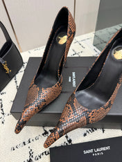 YSL 26S POINTED TOE HIGH HEEL PUMPS 100 MM IN BLACK AND BROWN SNAKE EMBOSSED LEATHER