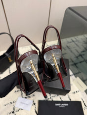 YSL 26S POINTED TOE SLINGBACK PUMPS 100 MM IN RED MIX SILVER CALFSKIN AND PATENT LEATHER