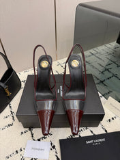 YSL 26S POINTED TOE SLINGBACK PUMPS 100 MM IN RED MIX SILVER CALFSKIN AND PATENT LEATHER