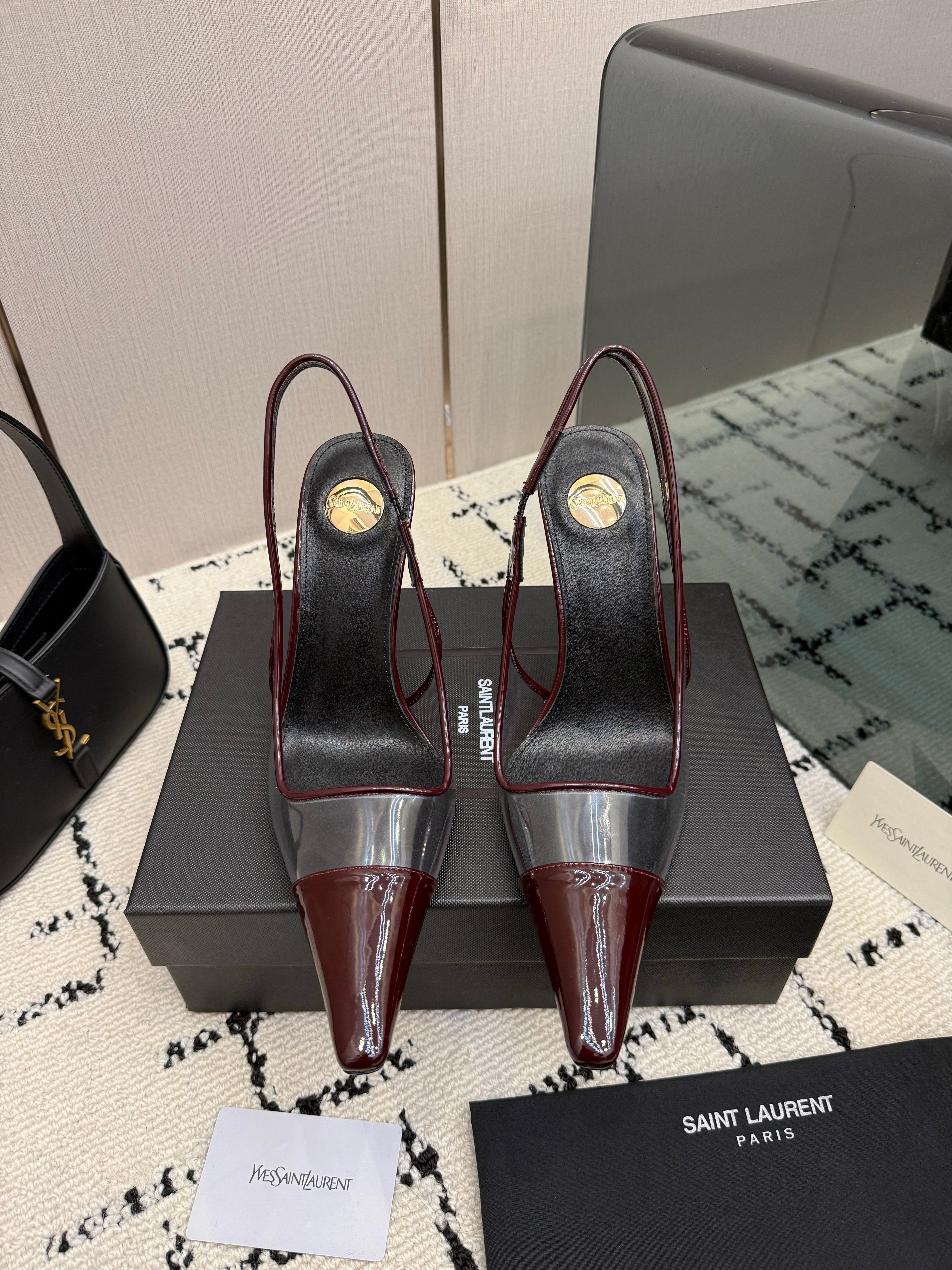 YSL 26S POINTED TOE SLINGBACK PUMPS 100 MM IN RED MIX SILVER CALFSKIN AND PATENT LEATHER