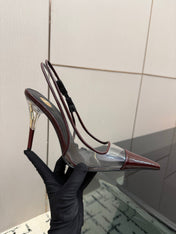YSL 26S POINTED TOE SLINGBACK PUMPS 100 MM IN RED MIX SILVER CALFSKIN AND PATENT LEATHER