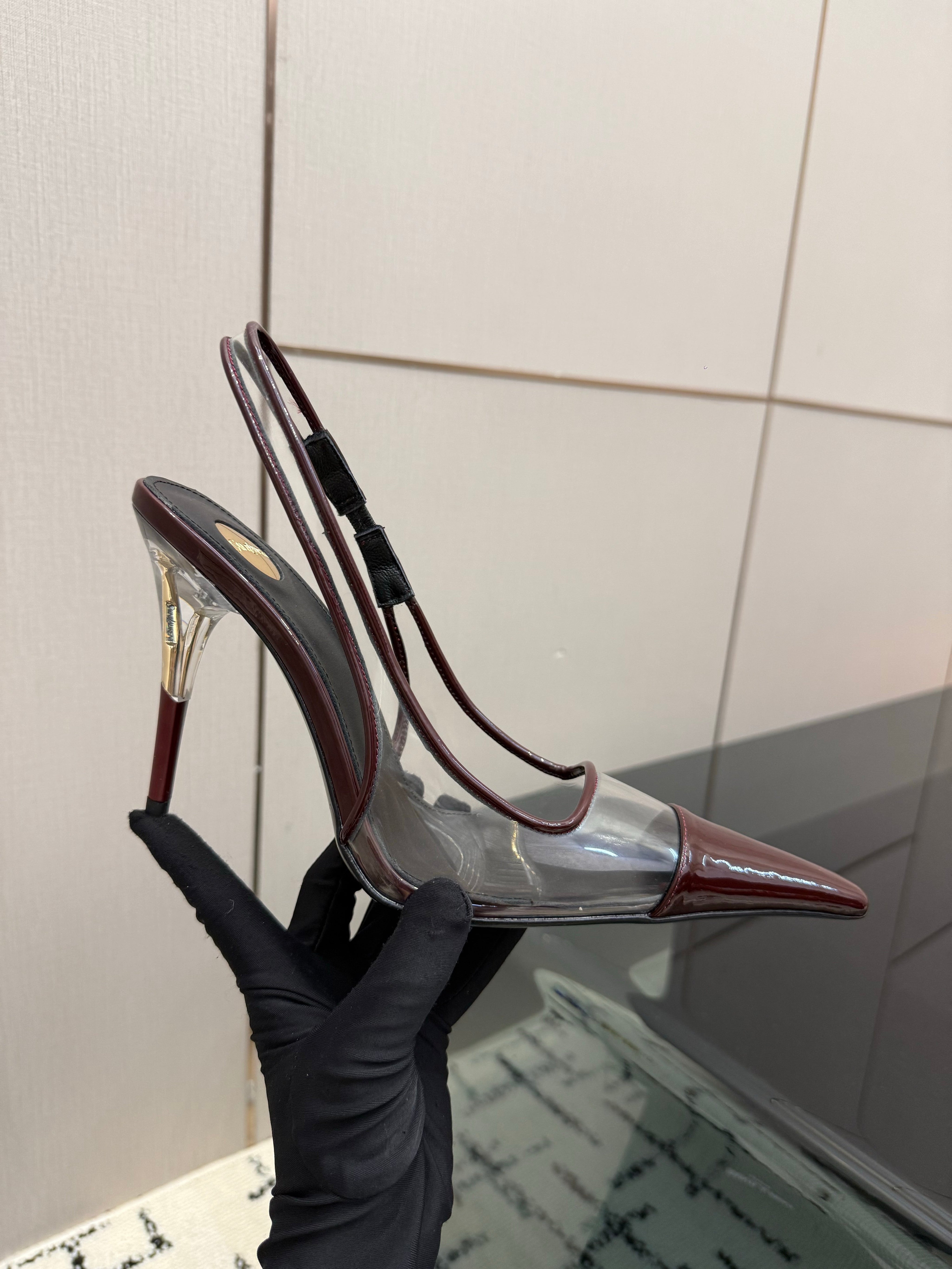 YSL 26S POINTED TOE SLINGBACK PUMPS 100 MM IN RED MIX SILVER CALFSKIN AND PATENT LEATHER