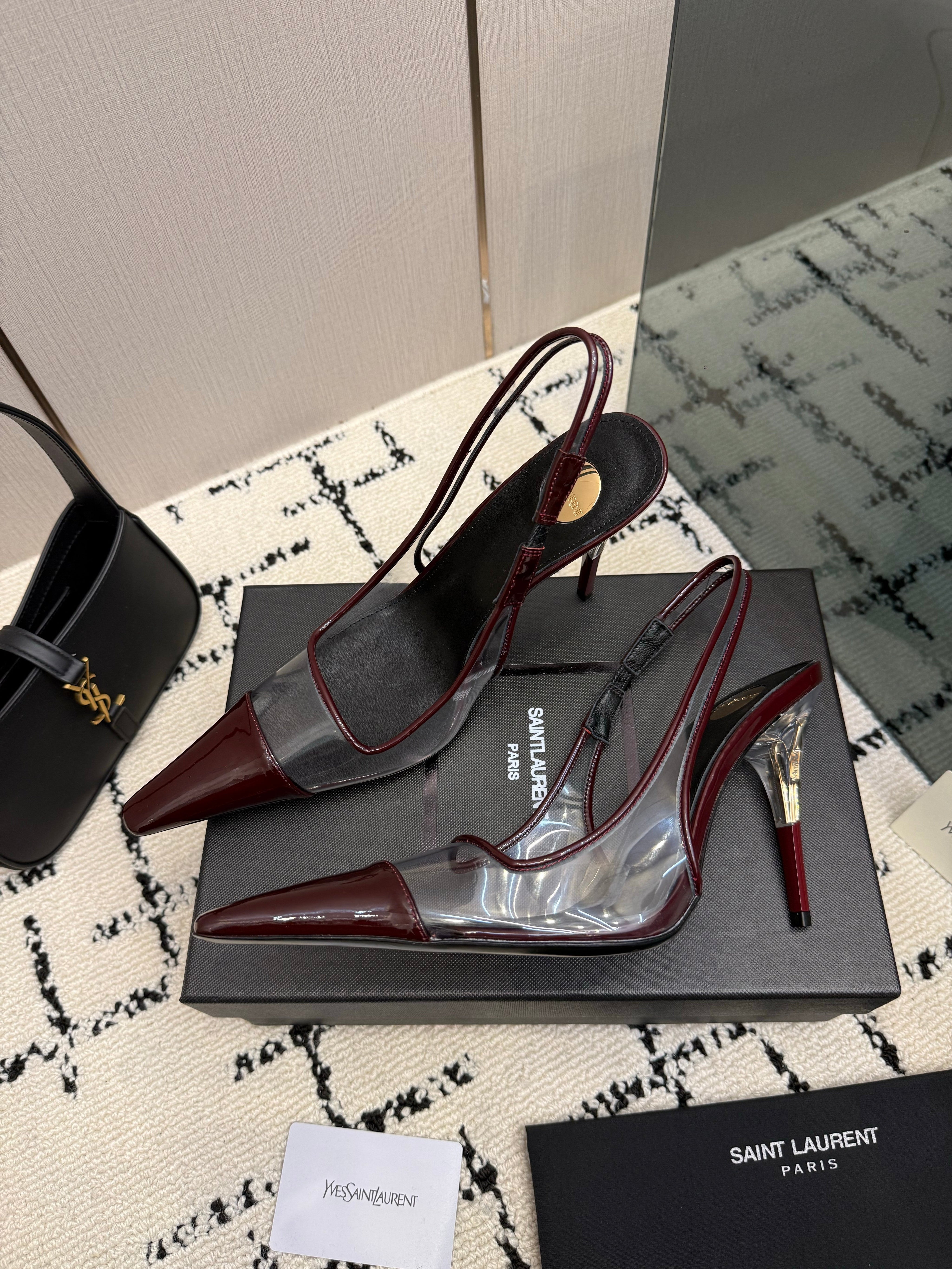 YSL 26S POINTED TOE SLINGBACK PUMPS 100 MM IN RED MIX SILVER CALFSKIN AND PATENT LEATHER