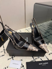YSL 26S POINTED TOE SLINGBACK PUMPS 100 MM IN BLACK AND BEIGE SNAKE EMBOSSED LEATHER