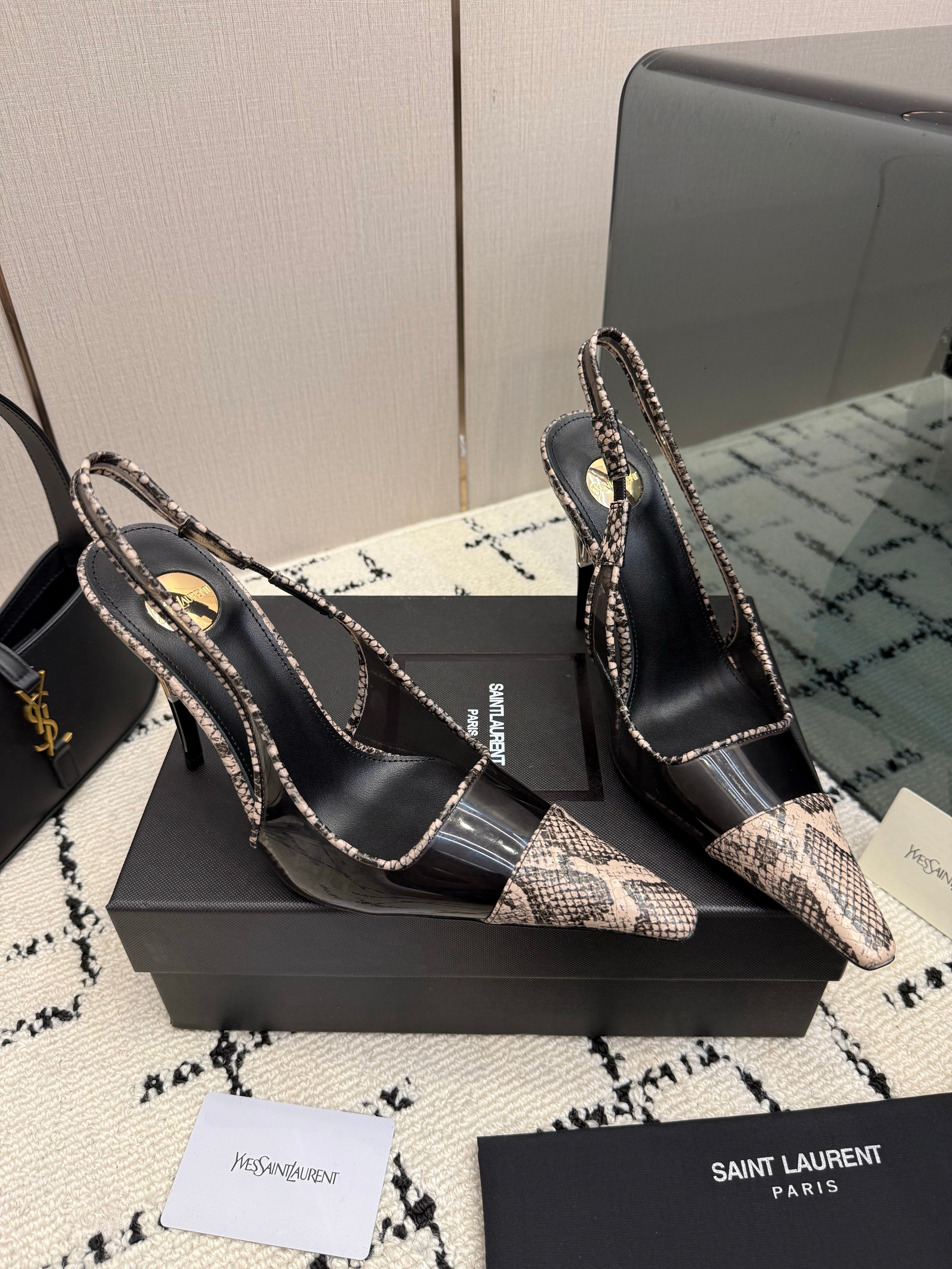 YSL 26S POINTED TOE SLINGBACK PUMPS 100 MM IN BLACK AND BEIGE SNAKE EMBOSSED LEATHER