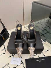 YSL 26S POINTED TOE SLINGBACK PUMPS 100 MM IN BLACK AND BEIGE SNAKE EMBOSSED LEATHER