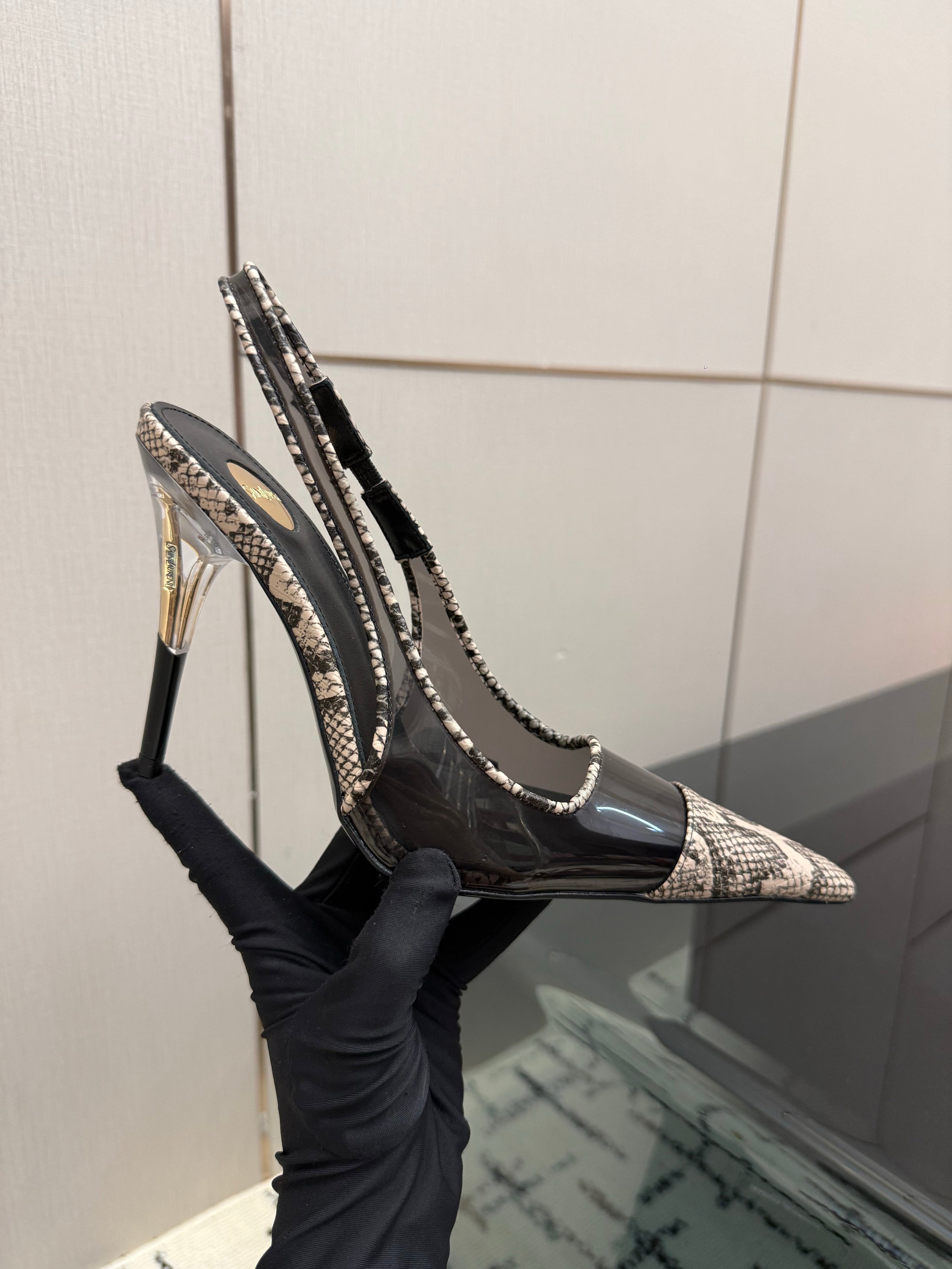 YSL 26S POINTED TOE SLINGBACK PUMPS 100 MM IN BLACK AND BEIGE SNAKE EMBOSSED LEATHER