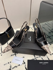 YSL 26S POINTED TOE SLINGBACK PUMPS 100 MM IN BLACK AND BEIGE SNAKE EMBOSSED LEATHER