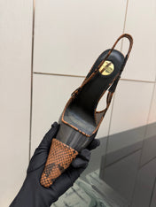 YSL 26S POINTED TOE SLINGBACK PUMPS 100 MM IN BLACK AND BROWN SNAKE EMBOSSED LEATHER