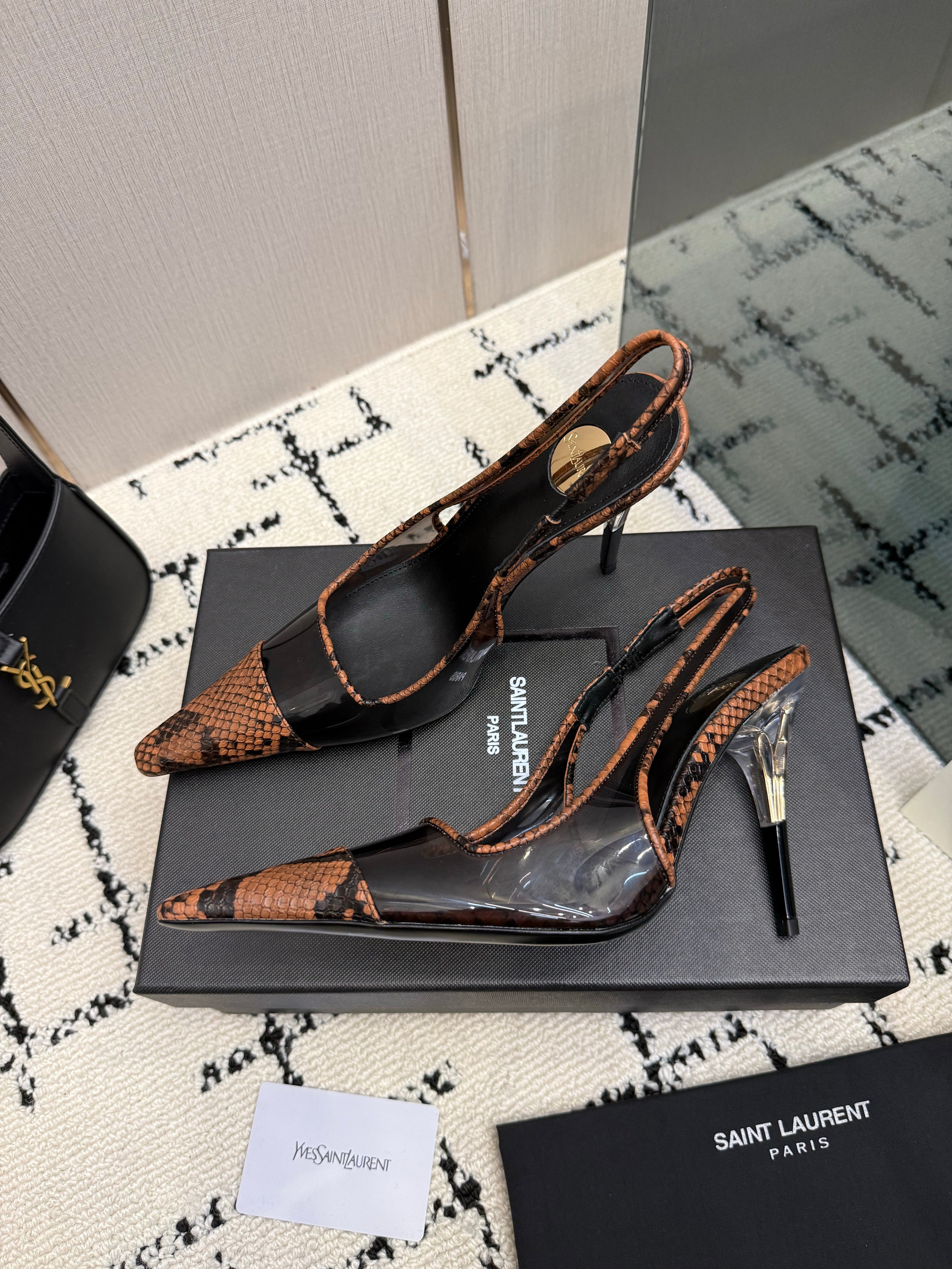 YSL 26S POINTED TOE SLINGBACK PUMPS 100 MM IN BLACK AND BROWN SNAKE EMBOSSED LEATHER