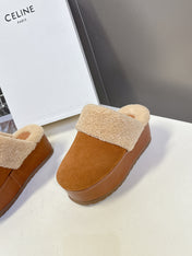CELINE 26S WEDGE MULES IN ORANGE BROWN SUEDE AND BEIGE WOOL
