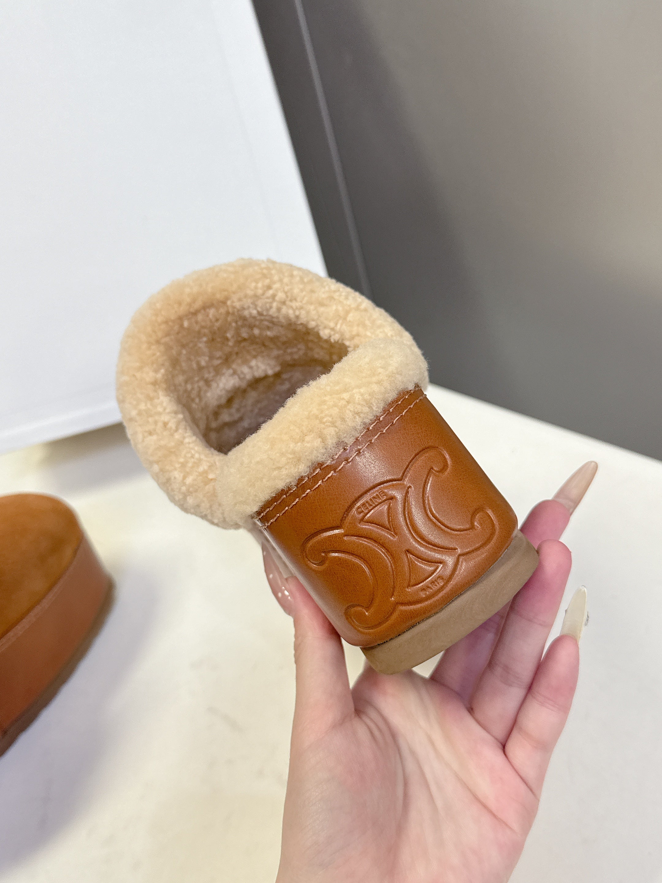 CELINE 26S WEDGE MULES IN ORANGE BROWN SUEDE AND BEIGE WOOL
