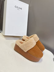 CELINE 26S WEDGE MULES IN ORANGE BROWN SUEDE AND BEIGE WOOL