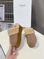 CELINE 26S WEDGE MULES IN SAND BEIGE SUEDE AND WOOL