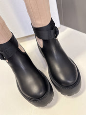 DIOR 25S D-MAJOR ANKLE BOOTS IN BLACK CALFSKIN AND LIGHT BEIGE FABRIC