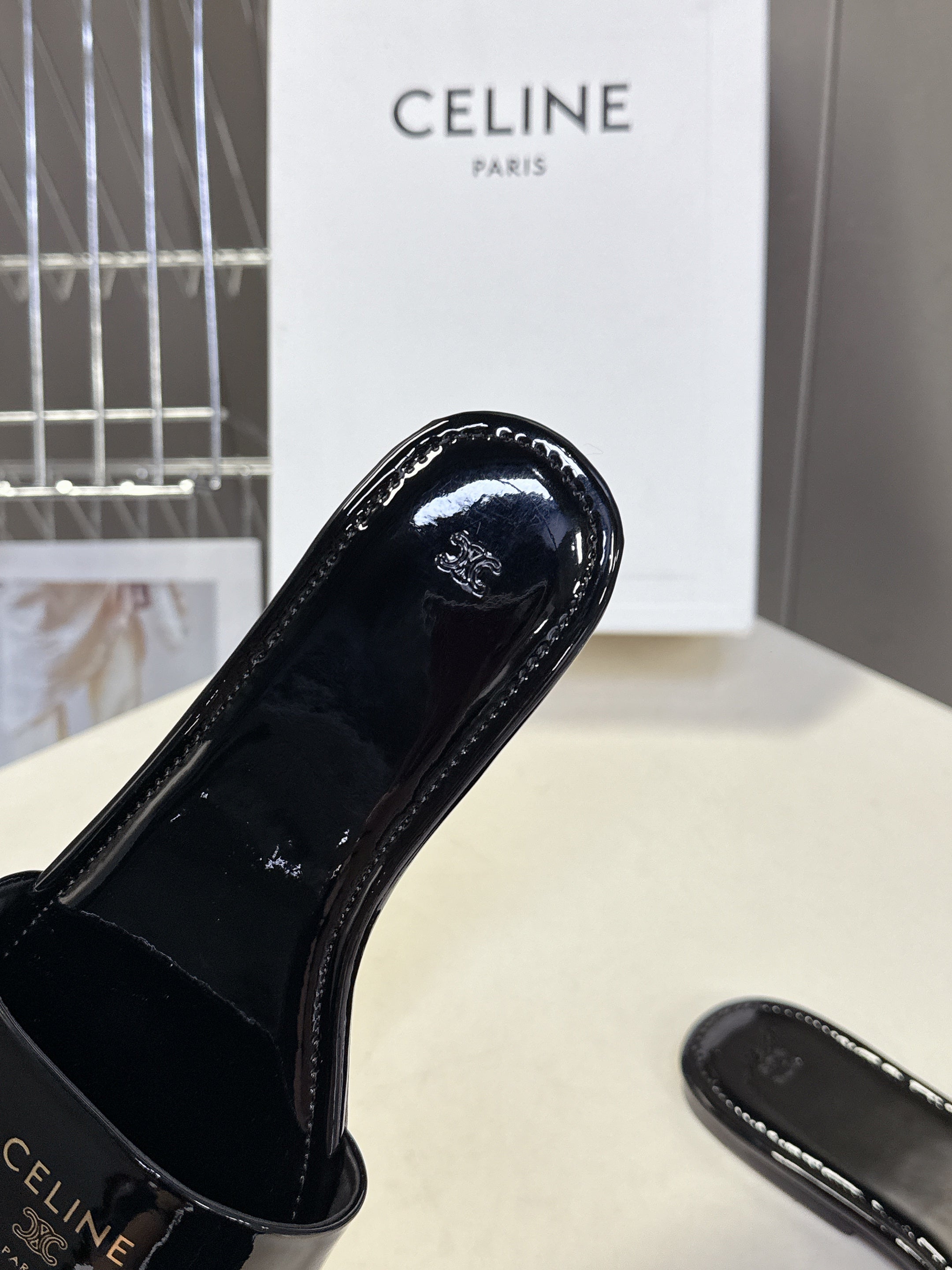 CELINE 26S FLAT SLIDES IN BLACK PATENT LAMBSKIN