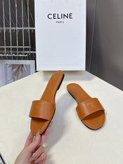 CELINE 26S FLAT SLIDES IN TAN BROWN LAMBSKIN