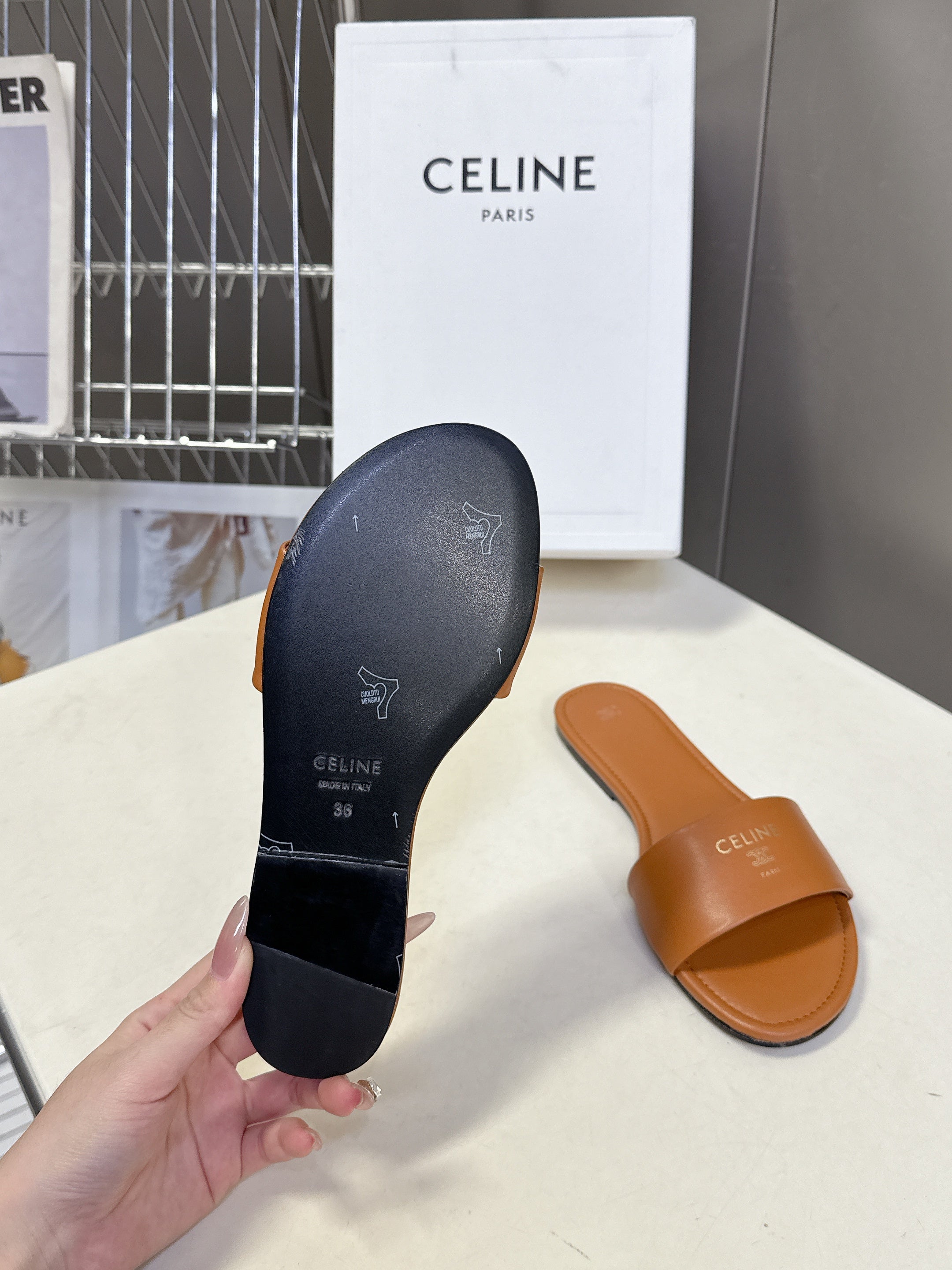 CELINE 26S FLAT SLIDES IN TAN BROWN LAMBSKIN